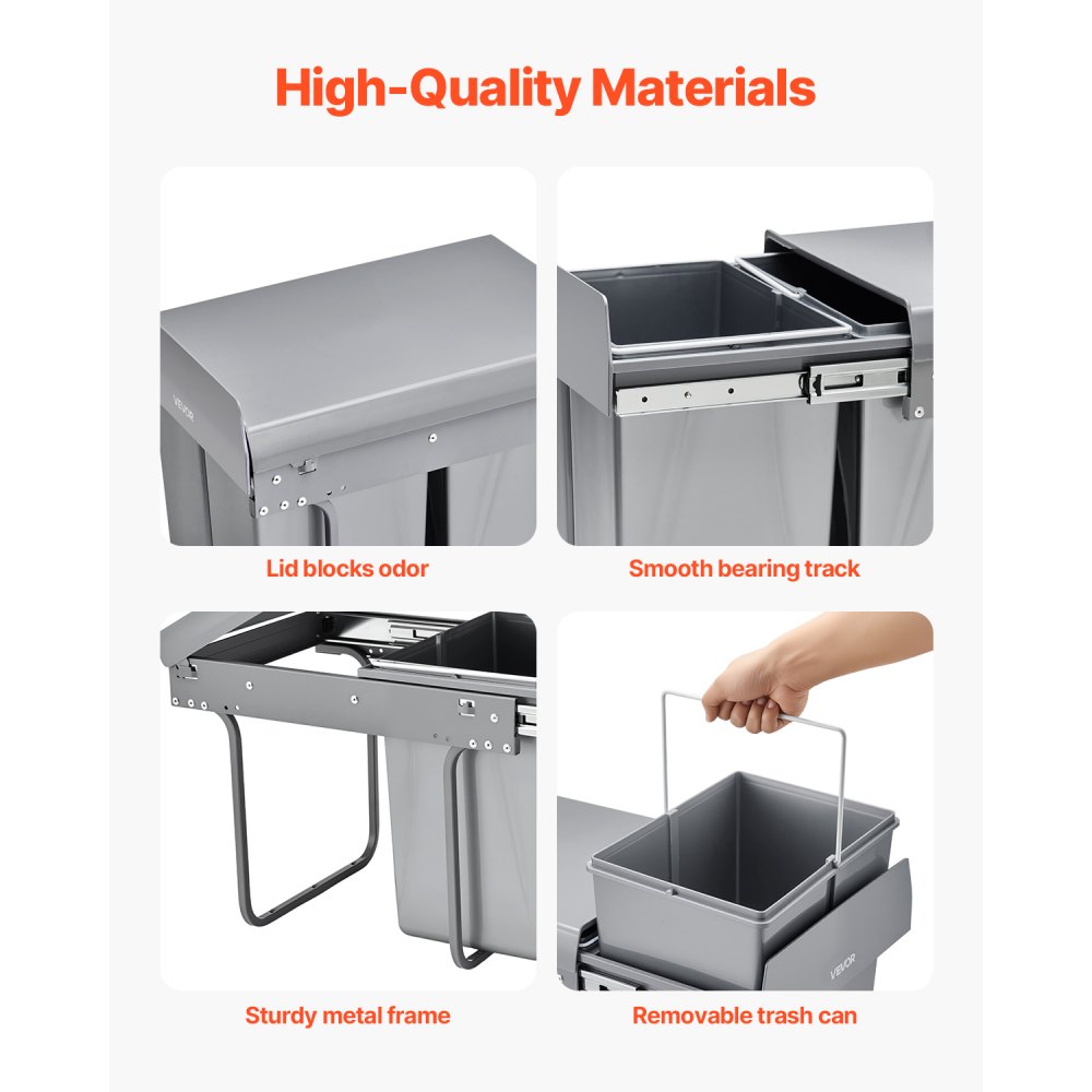 VEVOR Extendable Waste Bin for Kitchen Cabinets (20 L x 2) Double Under-Sink Waste Bin, Undermounted Bin, with Robust Full Extension Metal Sliding System and Handle