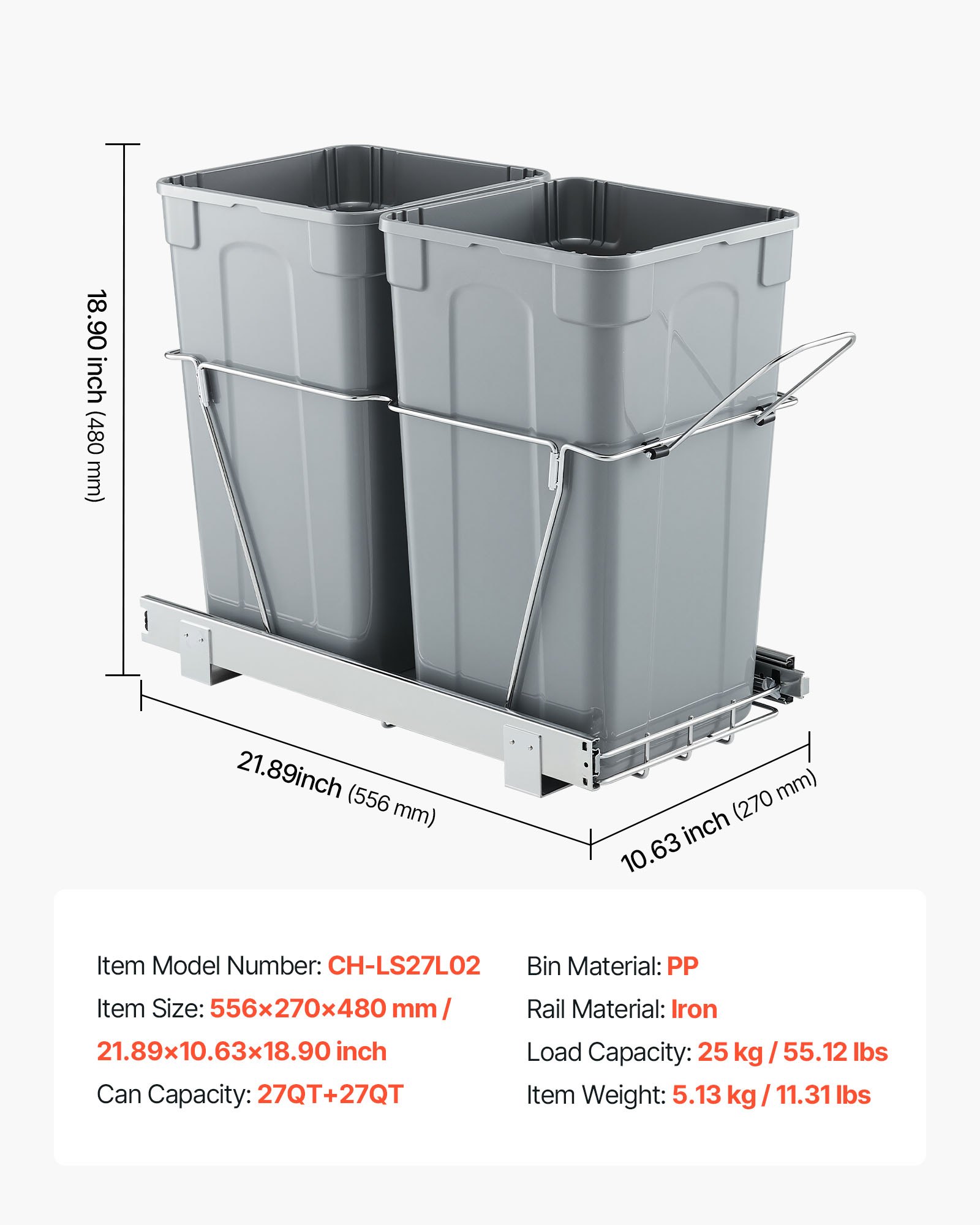 VEVOR ausziehbarer Mülleimer 27 Qt + 27 Qt für Küchenschränke, doppelter Mülleimer unter der Spüle, untermontierter Abfallbehälter, mit robustem Vollauszug-Schiebesystem aus Metall & Griff