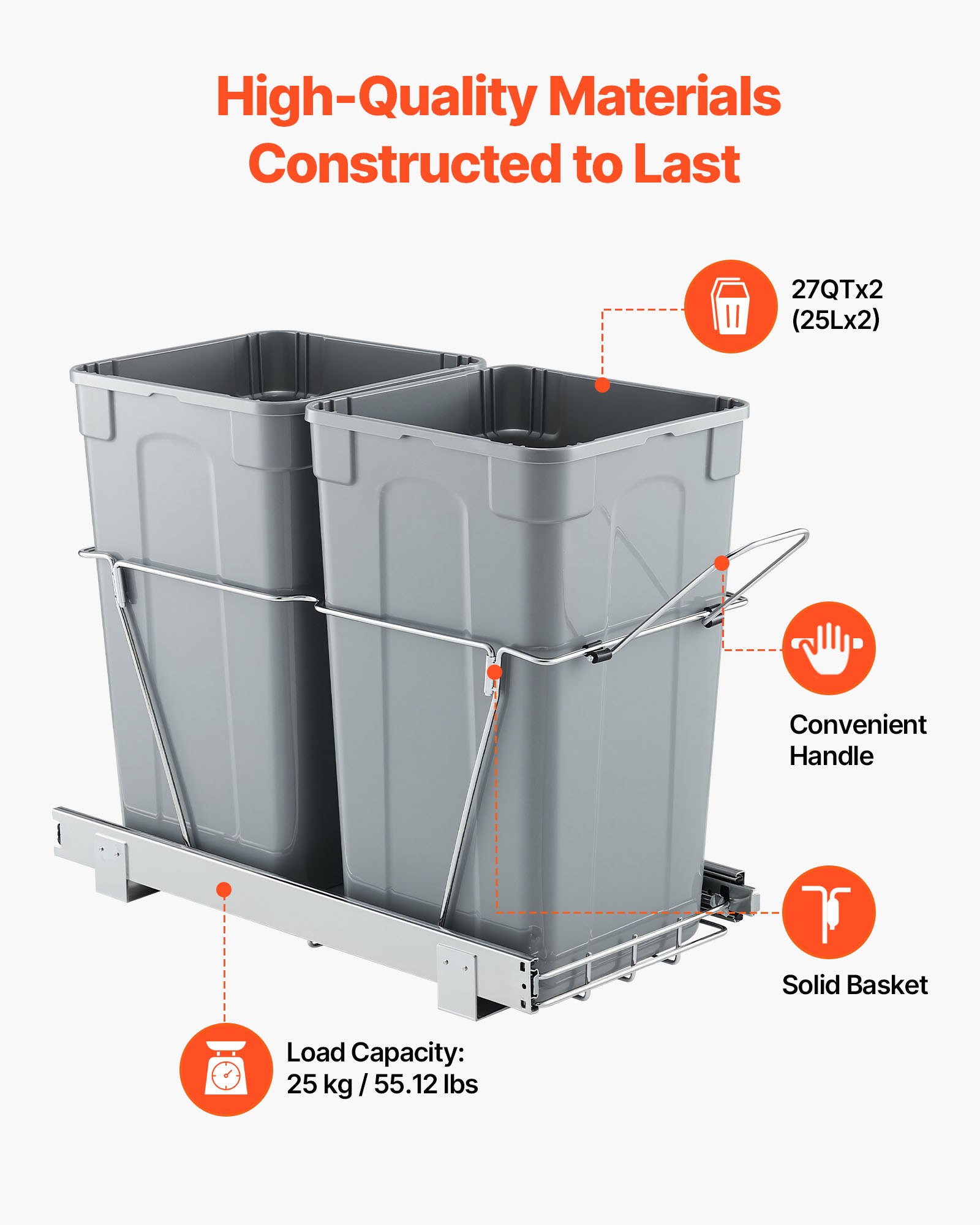 VEVOR Pullout Trash Can for Kitchen Cabinets,Double Under Sink Garbage Waste Recycling Bin, Under Mount Waste Container, with Heavy Duty Metal Full Extension Sliding System and Handle