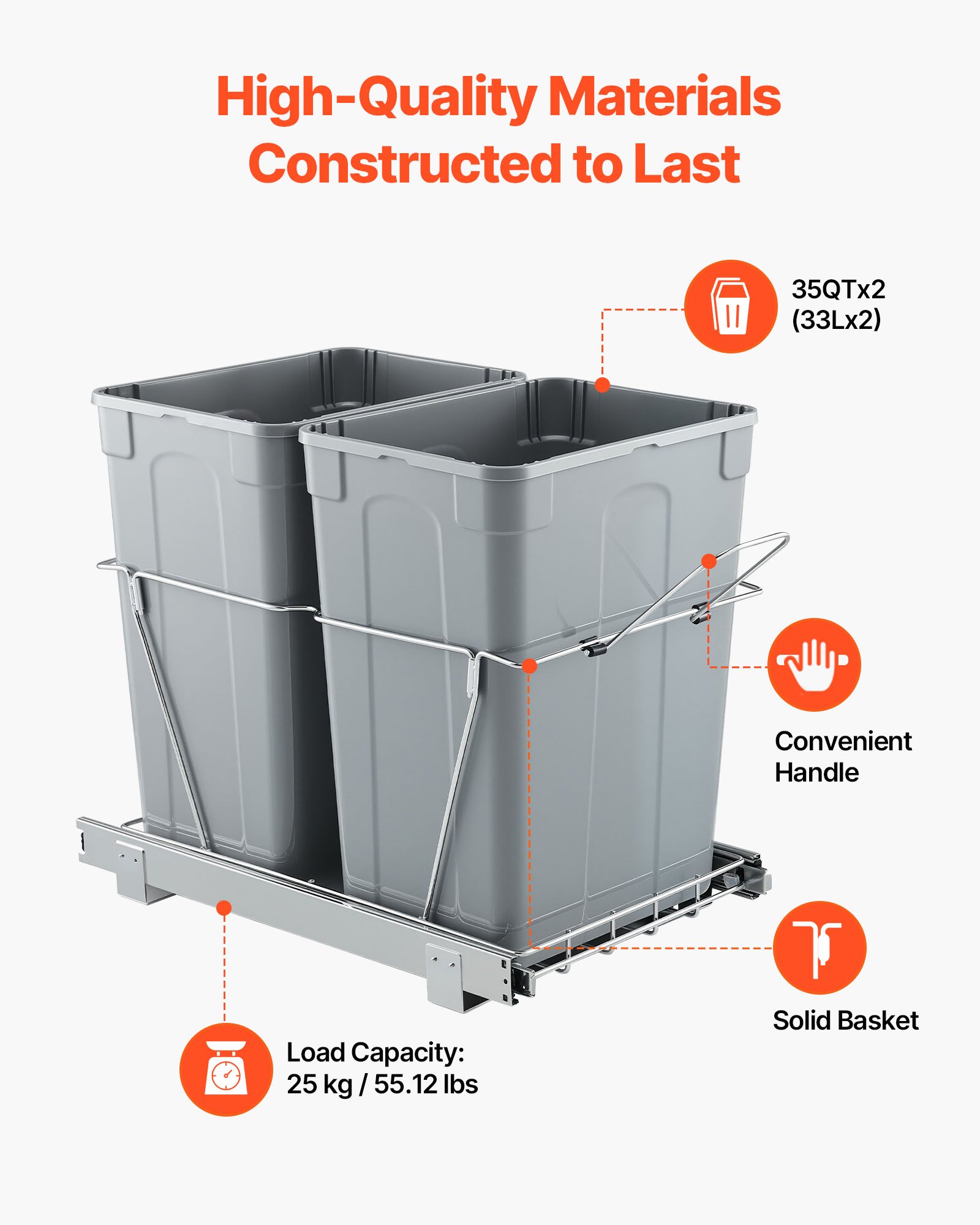 VEVOR ausziehbarer Mülleimer (35 Qt + 35 Qt) für Küchenschränke, doppelter Mülleimer unter der Spüle, Müllbehälter für unter die Spüle, mit robustem Vollauszug-Schiebesystem aus Metall & Griff