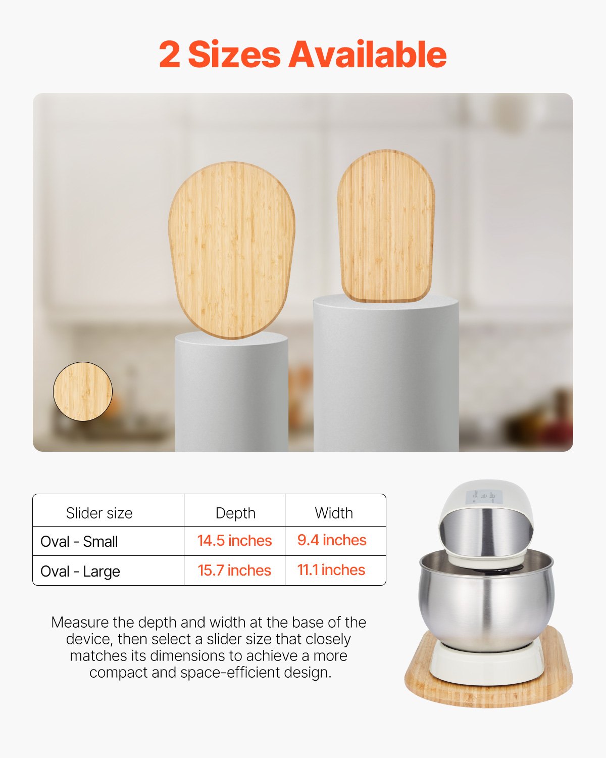 VEVOR Brett, oval, 368x239x23 mm, Unterlage kompatibel mit Standmixer, Bambusbrett mit PTFE-Füße, verhindert Dampfschäden an Schränken, Schiebetablett ideal für Küchenmaschine