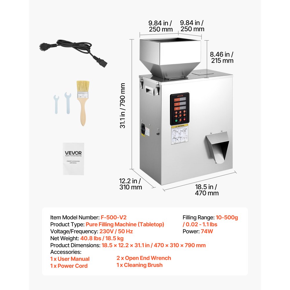 VEVOR Pulverabfüllmaschine Partikelspender Pulverfüller Automatisch 10-500g, Intelligentes Wiegen & Abfüllen, Edelstahlkonstruktion, Hohe Genauigkeit, Ideal für Nüsse Samen Tee Kaffeebohnen Gewürze Mehl