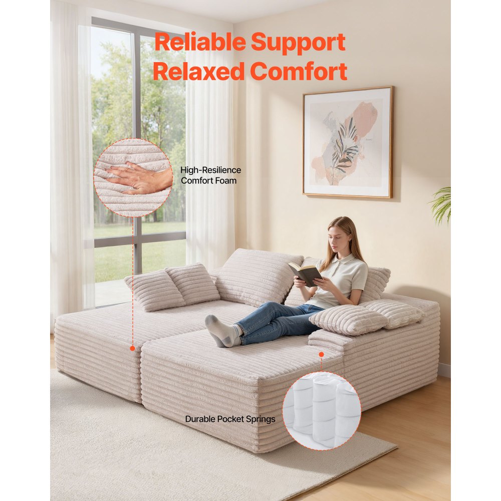 VEVOR übergroße Doppel-Chaiselonguen (210 cm) Cord-Sofa, gemütliches Zweiersofa mit tiefer Sitzfläche & weichen Kissen & Dekokissen für Wohnzimmer und Schlafzimmer, Schlafsofa 2 Personen Beige