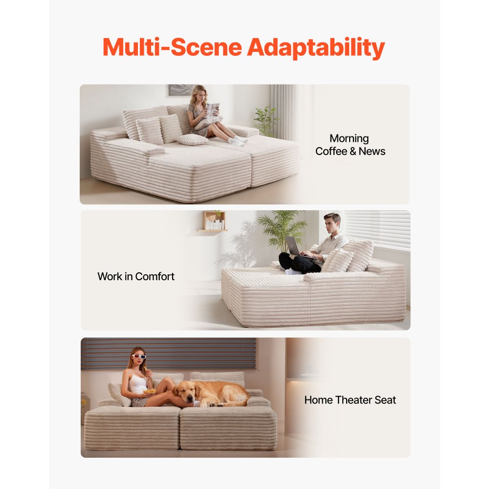 VEVOR übergroße Doppel-Chaiselonguen (210 cm) Cord-Sofa, gemütliches Zweiersofa mit tiefer Sitzfläche & weichen Kissen & Dekokissen für Wohnzimmer und Schlafzimmer, Schlafsofa 2 Personen Beige