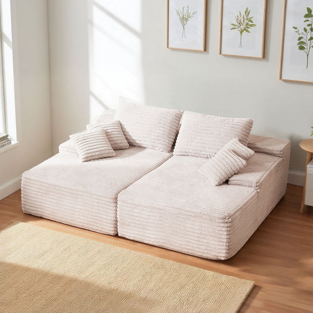 VEVOR übergroße Doppel-Chaiselonguen (210 cm) Cord-Sofa, gemütliches Zweiersofa mit tiefer Sitzfläche & weichen Kissen & Dekokissen für Wohnzimmer und Schlafzimmer, Schlafsofa 2 Personen Beige