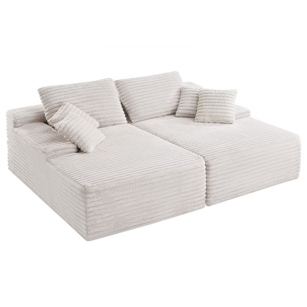 VEVOR übergroße Doppel-Chaiselonguen (210 cm) Cord-Sofa, gemütliches Zweiersofa mit tiefer Sitzfläche & weichen Kissen & Dekokissen für Wohnzimmer und Schlafzimmer, Schlafsofa 2 Personen Beige
