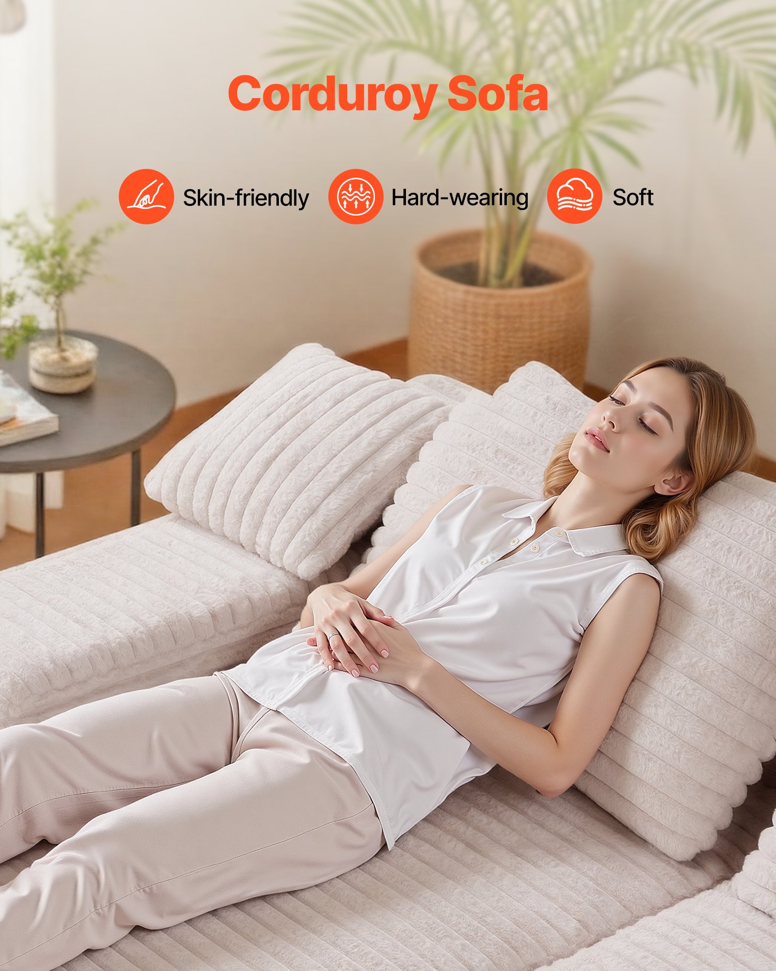 VEVOR übergroße Doppel-Chaiselonguen (210 cm) Cord-Sofa, gemütliches Zweiersofa mit tiefer Sitzfläche & weichen Kissen & Dekokissen für Wohnzimmer und Schlafzimmer, Schlafsofa 2 Personen Beige