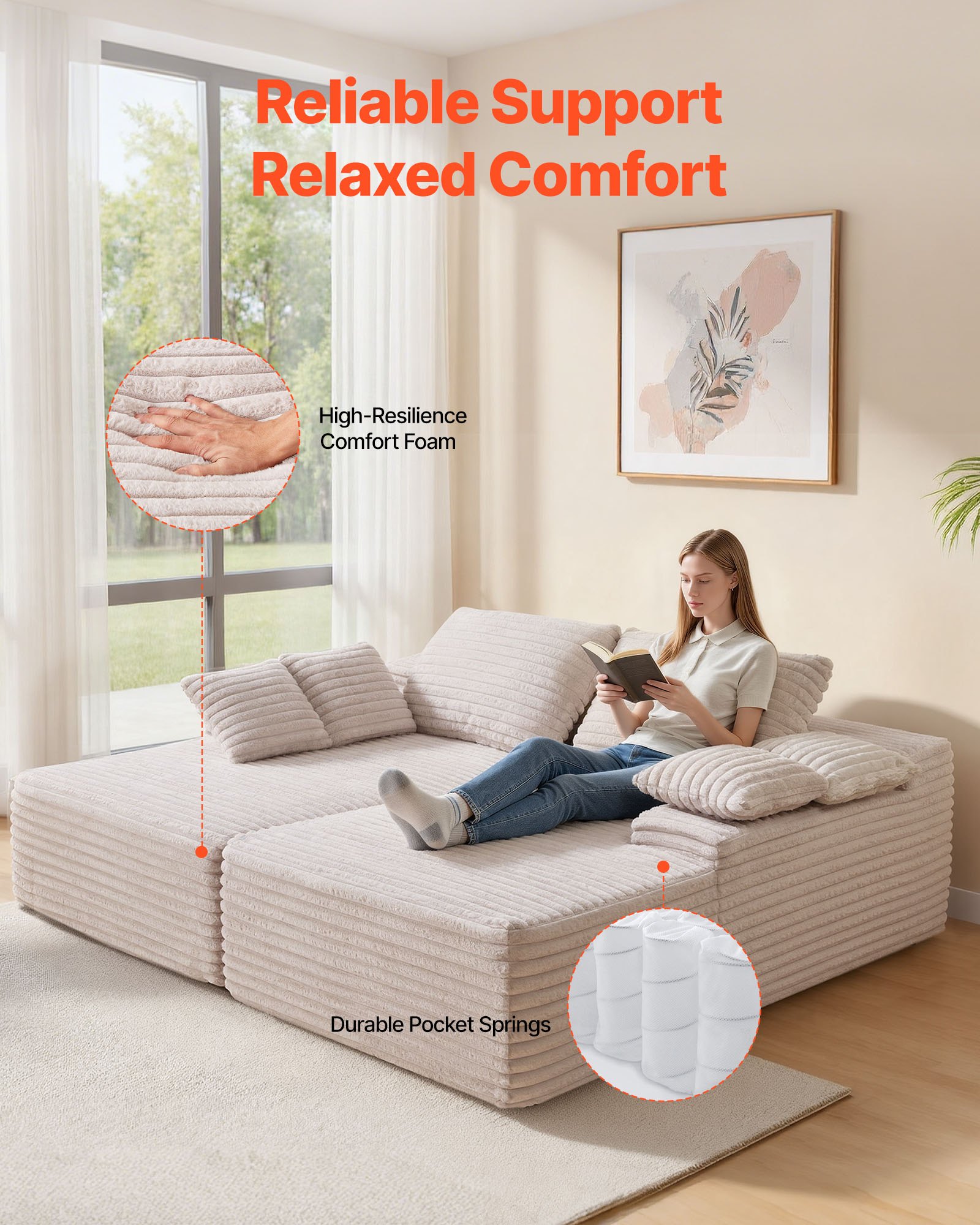 VEVOR übergroße Doppel-Chaiselonguen (210 cm) Cord-Sofa, gemütliches Zweiersofa mit tiefer Sitzfläche & weichen Kissen & Dekokissen für Wohnzimmer und Schlafzimmer, Schlafsofa 2 Personen Beige