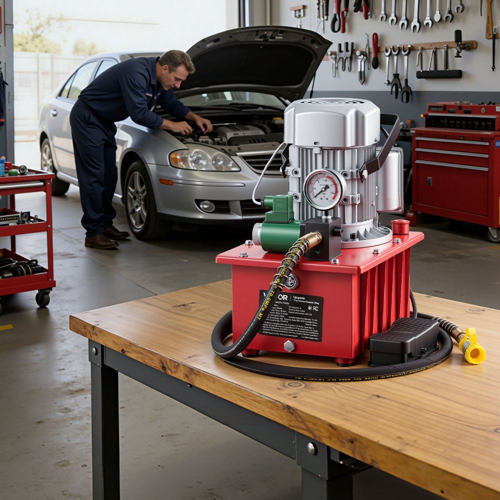 VEVOR Electric Driven Hydraulic Pump, 750W 10,000 PSI, Single Acting Hydraulic Pump Power Pack Unit, Solenoid Valve with Pedal Switch, 2.1 Gal / 8L, for Punching, Bending, Single Acting Cylinders