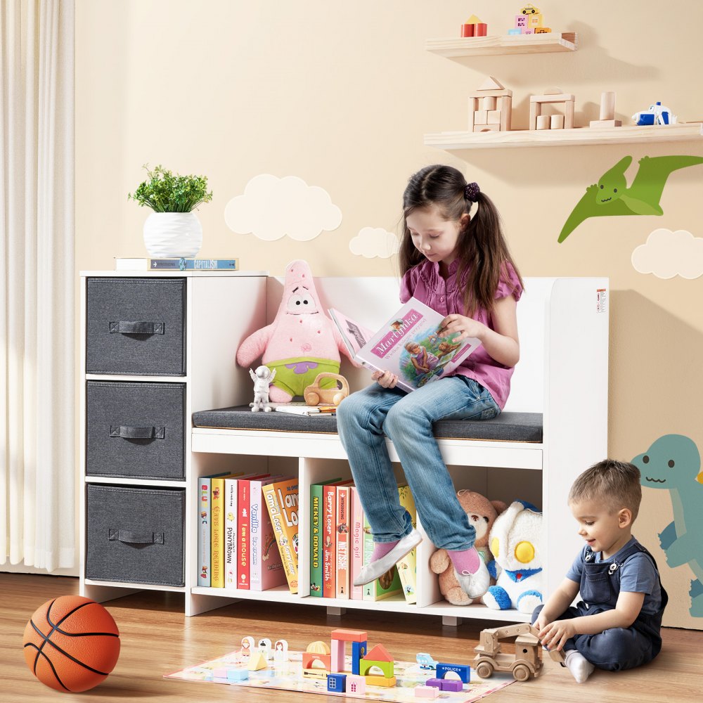 VEVOR Lesebank für Kinder, Bücherregal und Bücherschrank für Kleinkinder mit abnehmbarem Sitzkissen, Aufbewahrungsbank mit 6 Fächern und 3 Schubladen, ideal für Spielzimmer Schlafzimmer Wohnzimmer