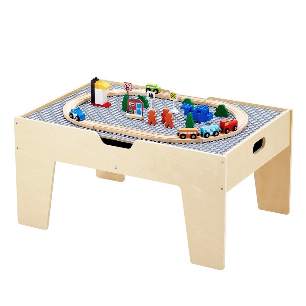 VEVOR Multi-Purpose Activity Play Table, 290 Building Bricks and 30-Piece Wooden Train Set Railway, Vehicles, Tracks and Accessories, Wooden Kids Activity Table with Storage Area for Kids Ages 3+