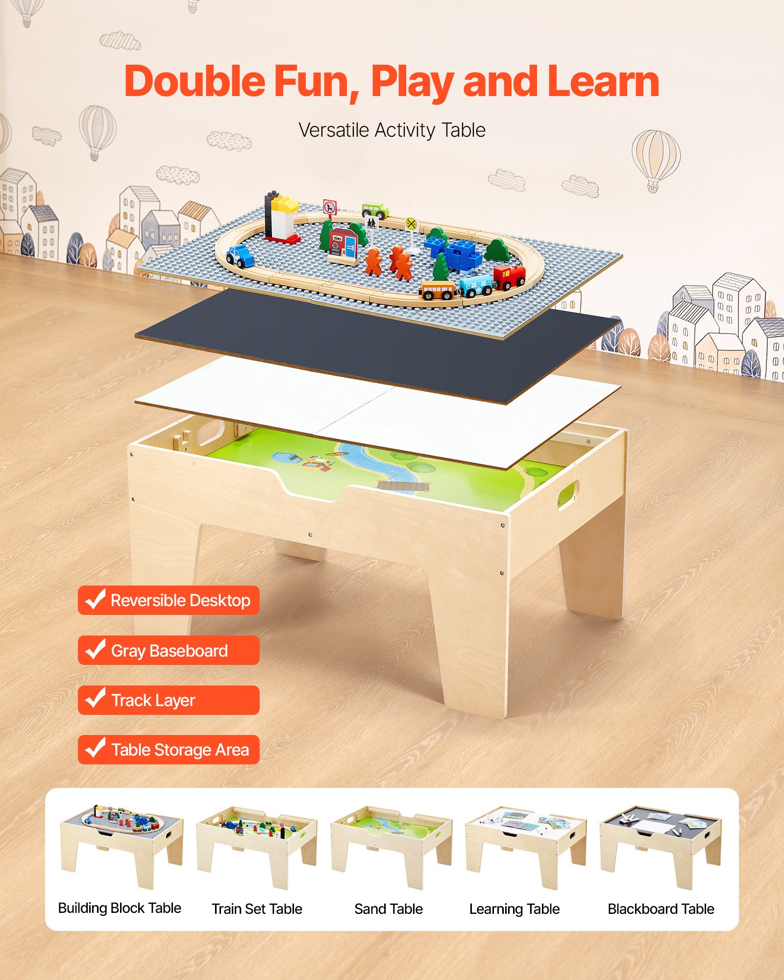 VEVOR Multi-Purpose Activity Play Table, 290 Building Bricks and 30-Piece Wooden Train Set Railway, Vehicles, Tracks and Accessories, Wooden Kids Activity Table with Storage Area for Kids Ages 3+