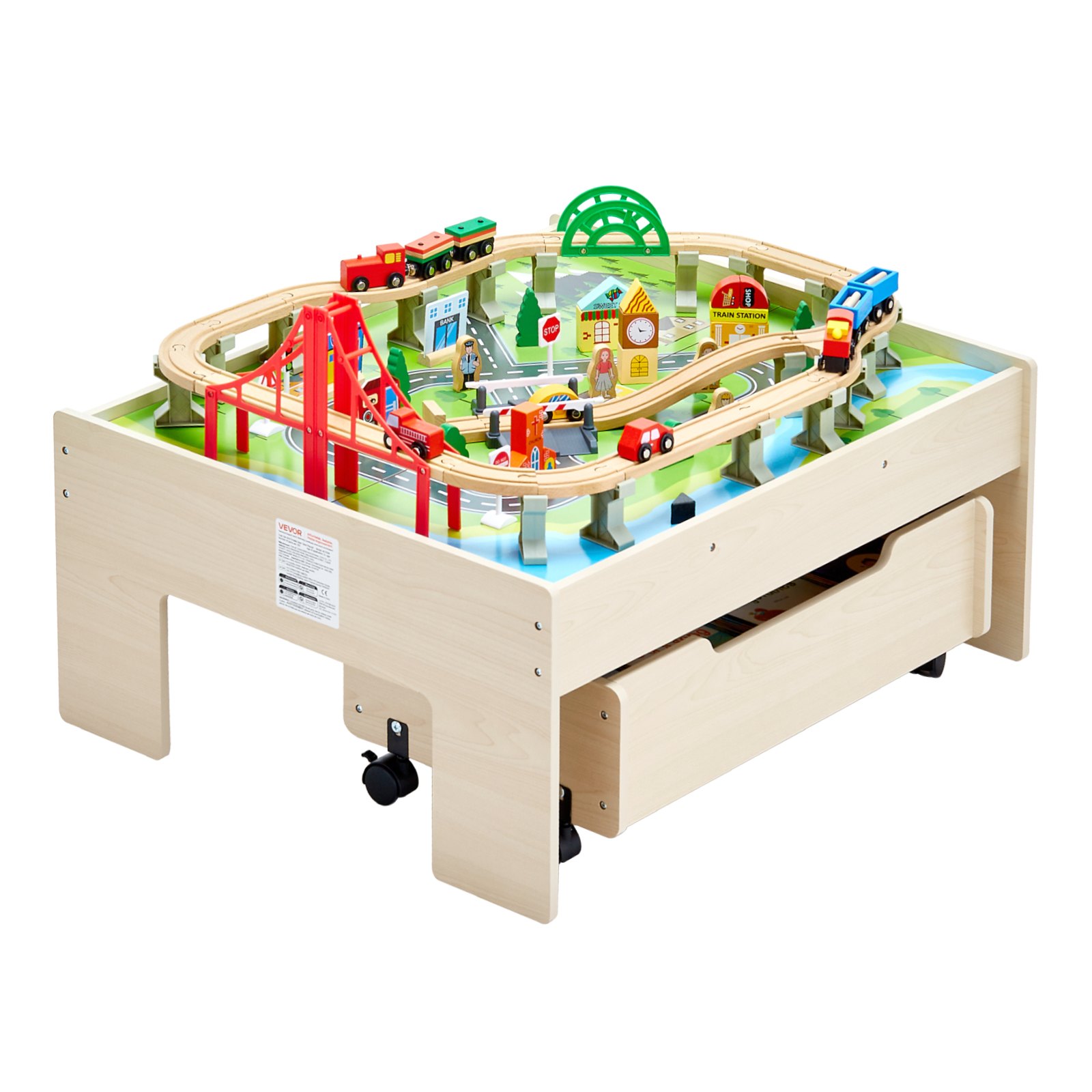VEVOR Holz Aktivitätstisch, 100-teilig, Eisenbahntisch mit rollender Schublade, 3-in-1-Holzeisenbahn-Set zum Spielen, Malen, Lesen, Essen, kreatives Spielzeug-Set für Kinder ab 3 Jahren
