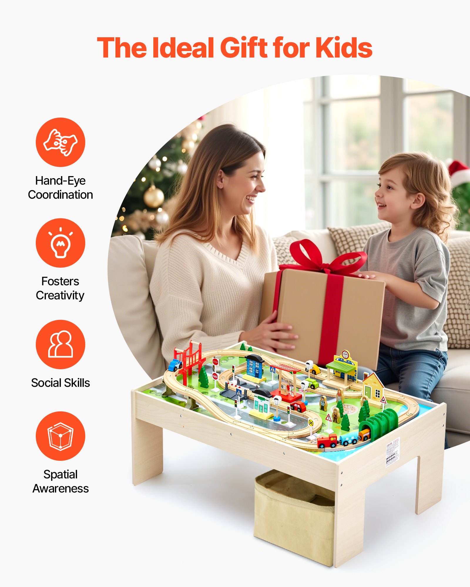 VEVOR Holz Aktivitätstisch, 84-teilig, mit zusammenklappbarem Aufbewahrungsbehälter, 3-in-1-Eisenbahnset zum Spielen, Malen, Lesen, Essen, kreatives Spielzeugset für Kinder ab 3 Jahren