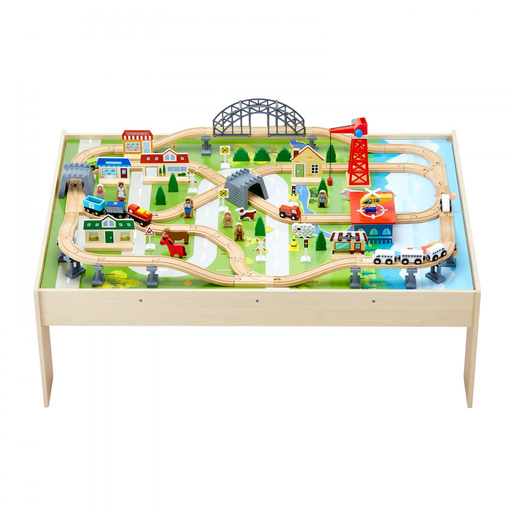 VEVOR Holz Aktivitätstisch, 120-teilig, mit zusammenklappbarem Aufbewahrungsbehälter, 3-in-1-Eisenbahn-Set zum Spielen, Malen, Lesen, Essen, kreatives Spielzeug-Set für Kinder ab 3 Jahren