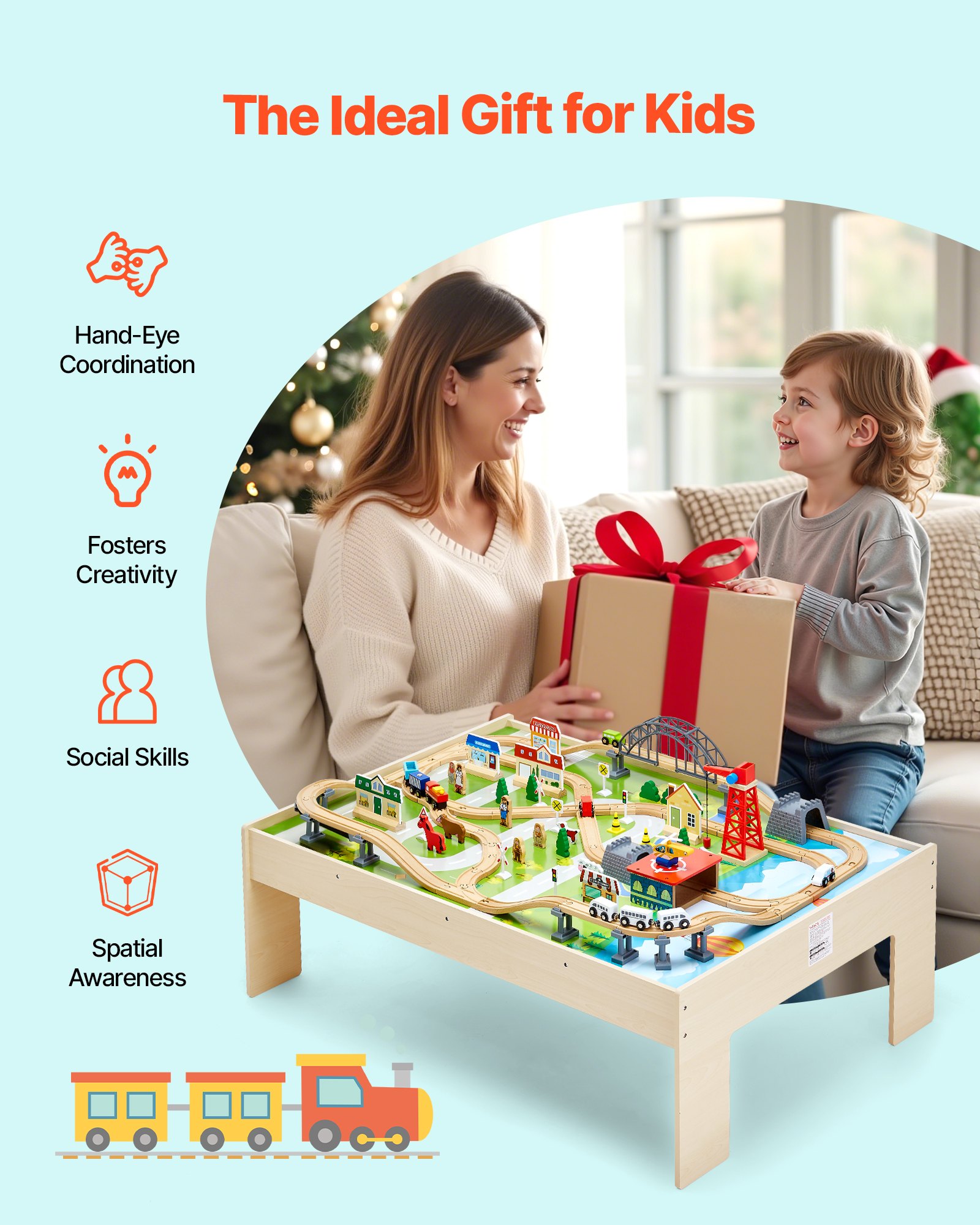 VEVOR Holz Aktivitätstisch, 120-teilig, mit zusammenklappbarem Aufbewahrungsbehälter, 3-in-1-Eisenbahn-Set zum Spielen, Malen, Lesen, Essen, kreatives Spielzeug-Set für Kinder ab 3 Jahren