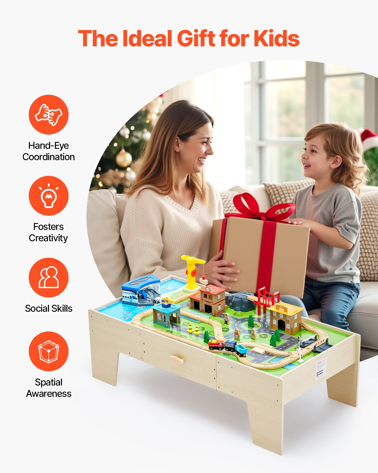 VEVOR Holz Aktivitätstisch, 62-teilig, Kindertisch mit großer Schublade, 3-in-1-Eisenbahnset zum Spielen, Malen, Lesen, Essen, kreatives Spielzeugset für Kinder ab 3 Jahren