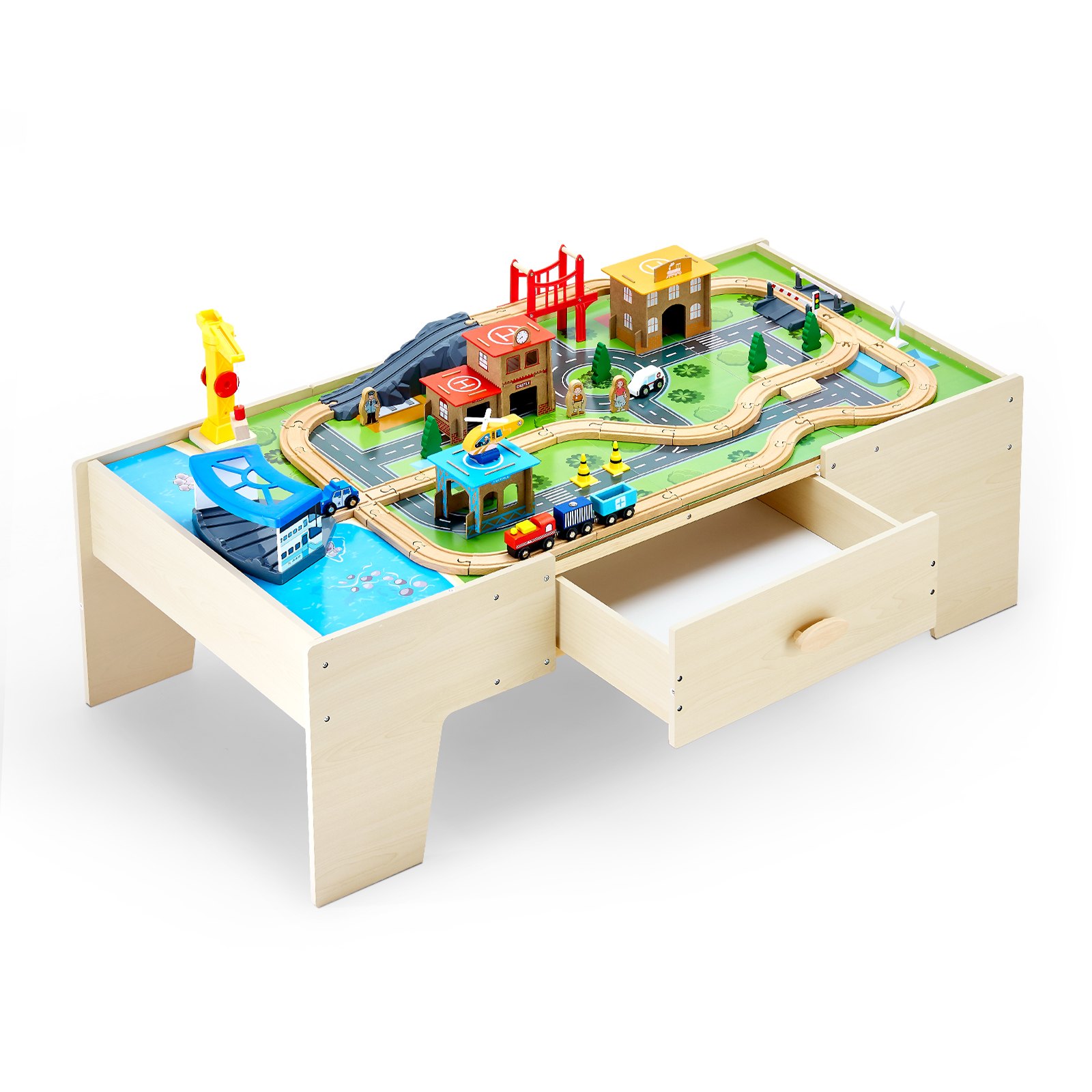 VEVOR Holz Aktivitätstisch, 62-teilig, Kindertisch mit großer Schublade, 3-in-1-Eisenbahnset zum Spielen, Malen, Lesen, Essen, kreatives Spielzeugset für Kinder ab 3 Jahren