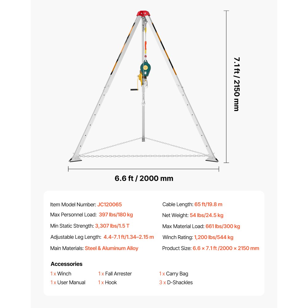 VEVOR Dreibein-Set für beengte Räume, Rettungsdreibein mit Hebevorrichtung, 544 kg Winde, Rettungsstativ, 19,8 m Kabel, Rettungssystem mit Absturzsicherung, 1,34–2,15 m Arbeitshöhe