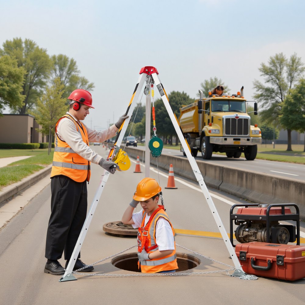 VEVOR Dreibein-Set für beengte Räume, Rettungsdreibein mit Hebevorrichtung, 544 kg Winde, Rettungsstativ, 19,8 m Kabel, Rettungssystem mit Absturzsicherung, 1,34–2,15 m Arbeitshöhe