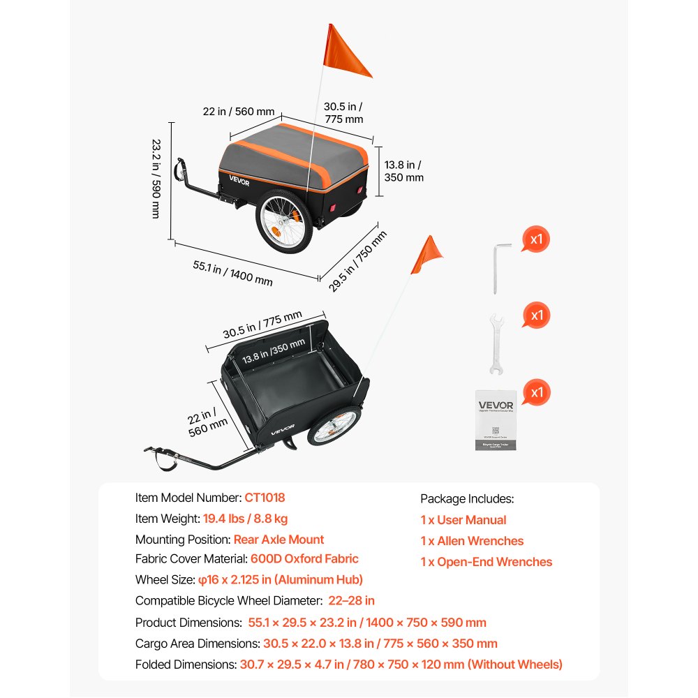 VEVOR Fahrradanhänger Lastenanhänger Transportwagen Faltbar 40 kg Tragkraft, Kohlenstoffstahl & 600D Oxford, Mit Regenschutz Reflektoren & Fahne, Für 22-28 Zoll Räder, Fahrradwagen für Einkauf Camping