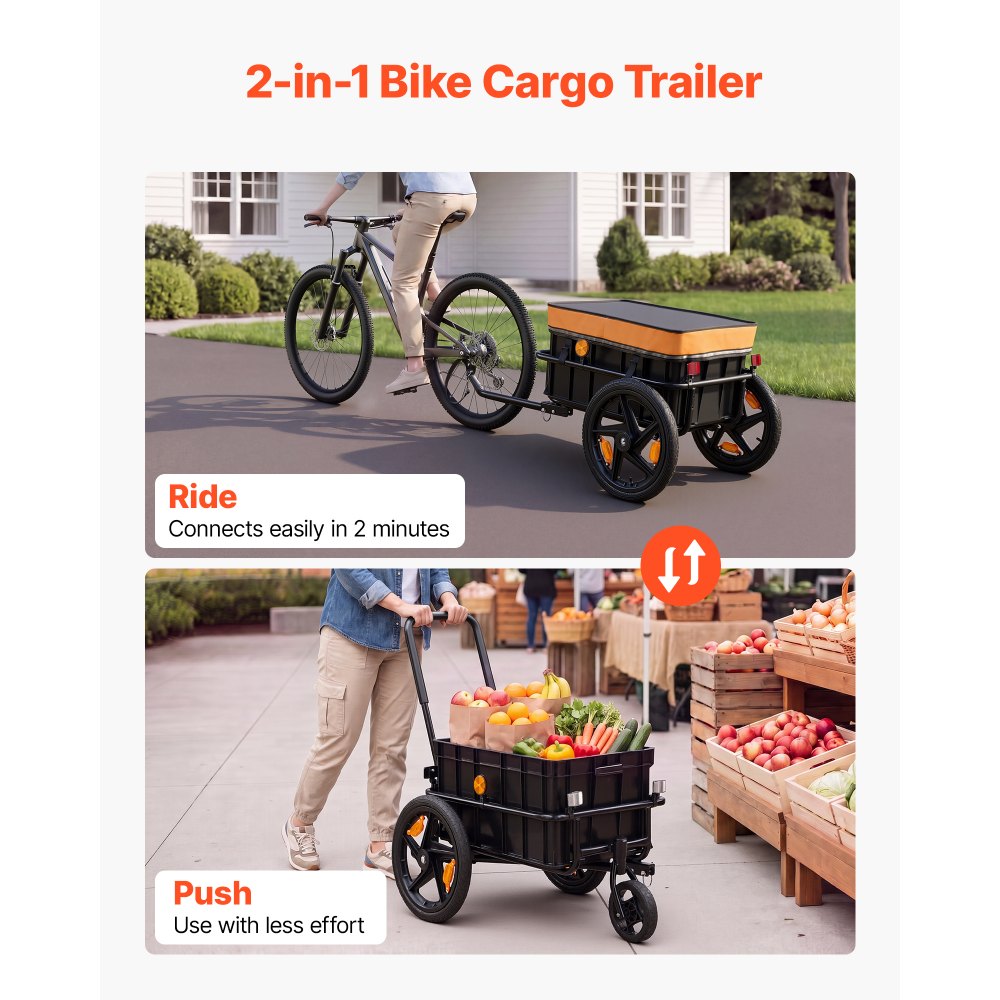 VEVOR Fahrradanhänger Lastenanhänger 2-in-1 Handwagen mit Kupplung 45 kg, Kohlenstoffstahl & 600D Oxford, Mit Regenschutz Deichsel & 6 Reflektoren, Für 22-28 Zoll Räder, Fahrradwagen für Transport