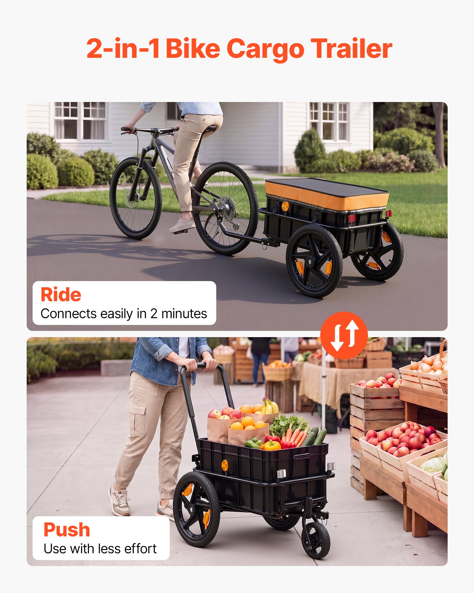 VEVOR Fahrradanhänger Lastenanhänger 2-in-1 Handwagen mit Kupplung 45 kg, Kohlenstoffstahl & 600D Oxford, Mit Regenschutz Deichsel & 6 Reflektoren, Für 22-28 Zoll Räder, Fahrradwagen für Transport