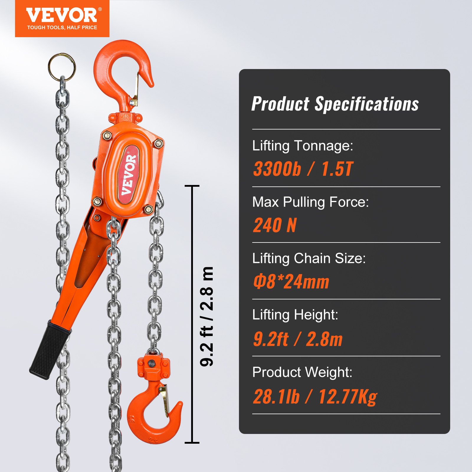 VEVOR ratchet hoist, steel, 1.5T load capacity, pulley block, lifting hoist, 2.8m lifting height, lever hoist, 8x24mm lifting chain size, chain hoist, 240N pulling force, heavy-duty double pawl brake, ratchet chain hoist