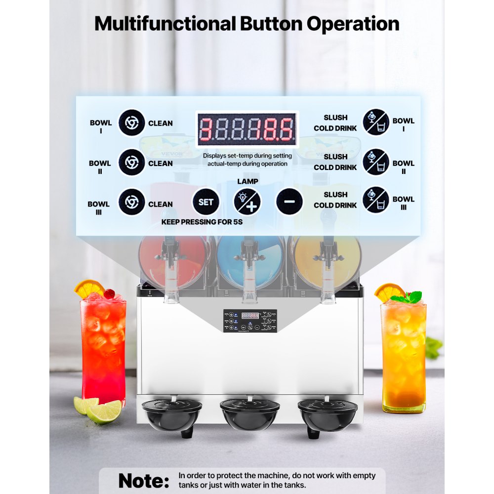 VEVOR kommerzieller Frozen Drink Maker, 15 L x 3 Slush-Maschine mit drei Tanks, 180 Tassen Margarita-Smoothie-Maschine aus Edelstahl, Slush-Maker für Zuhause Partys Restaurants Cafés Bars