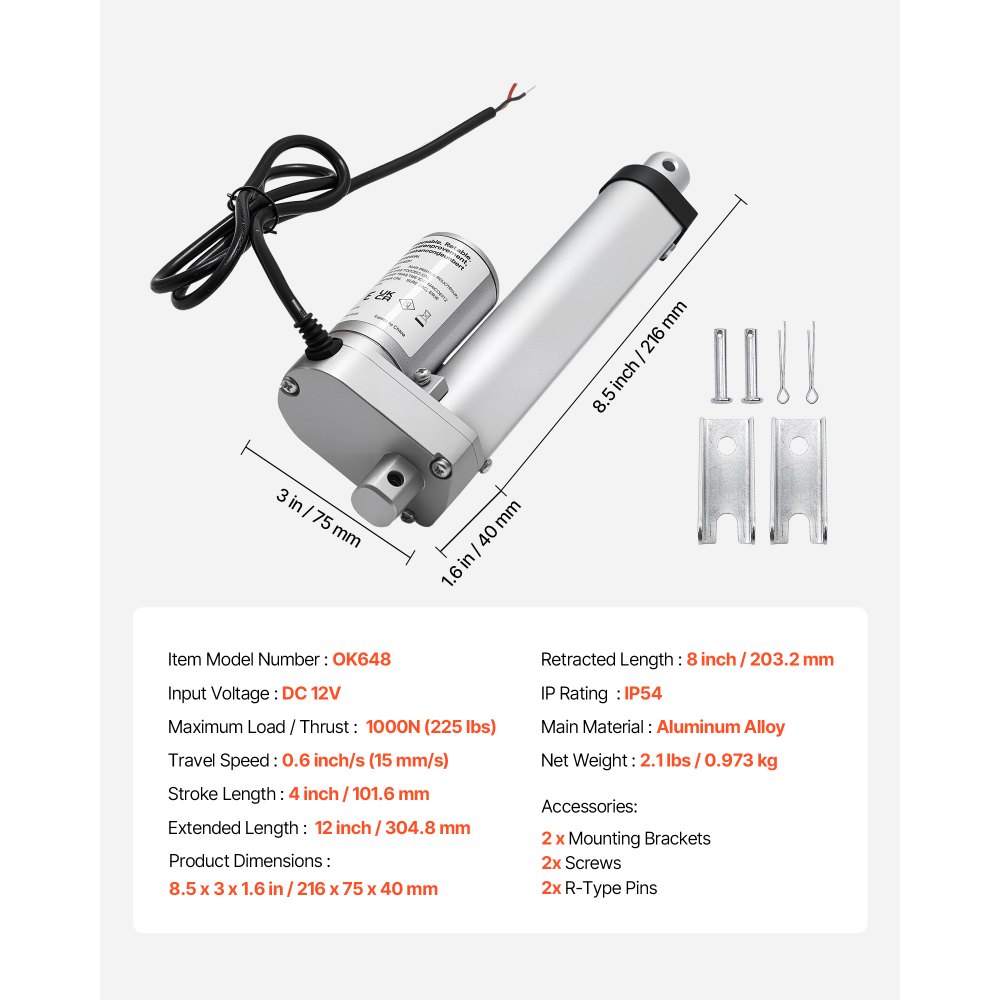 VEVOR 12-V-Linearantrieb, 101,6 mm Linearmotor mit 15 mm/s, 1000 N Linear Actuator mit IP54-Schutz & Montagehalterung, Lineartechnik-Aktuatoren für Hubschreibtische, Liegestühle, Fenstertüröffner