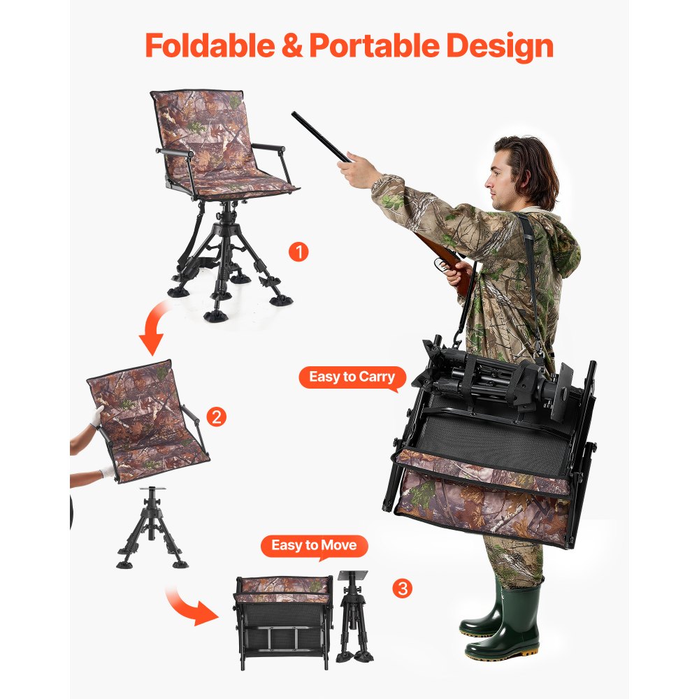 VEVOR Hunting Chair, 360° Silent Swivel, Foldable Portable Blind Chair, Heavy-Duty Steel Frame Ground Stool Seat, with Armrests, Cover, Anti-Sink Feet, Height Adjustable, 158 Kg Capacity for Camping