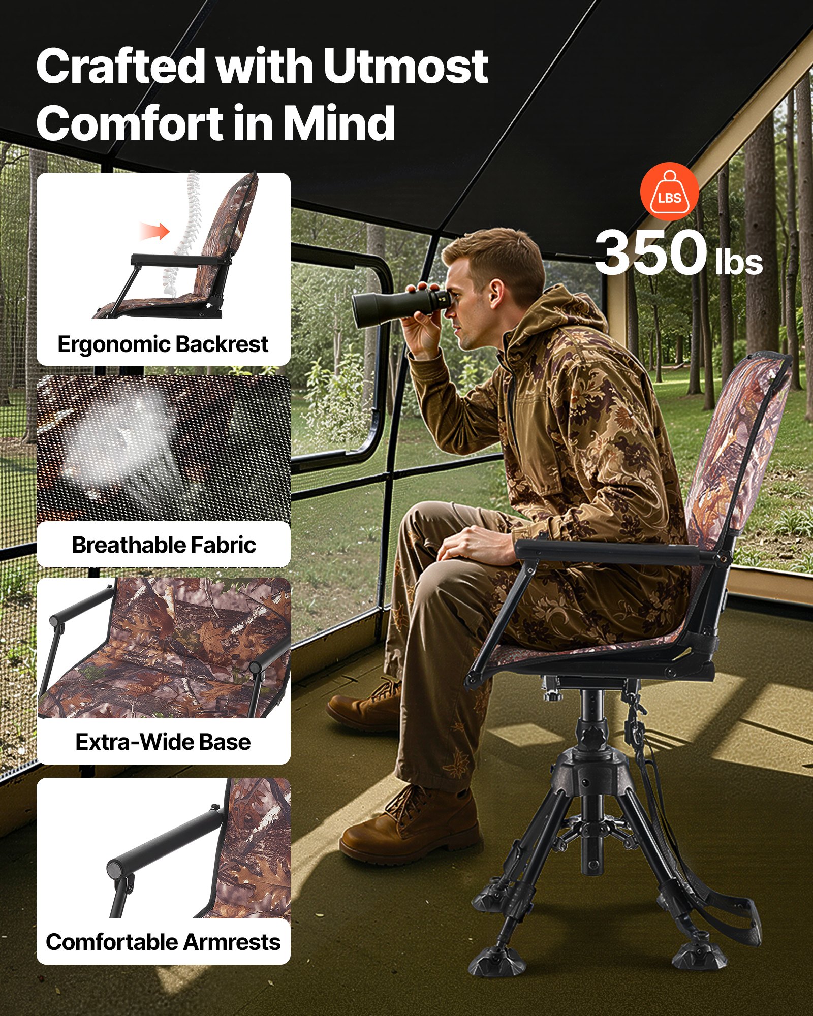 VEVOR Faltstuhl Campingstuhl Anglerstuhl mit Armlehnen, höhenverstellbarer Klappstuhl Gartenstuhl (158 kg belastbar) 360° geräuschlos drehbar, 420-625 mm (Sitzhöhe) für Picknick Garten Outdoor