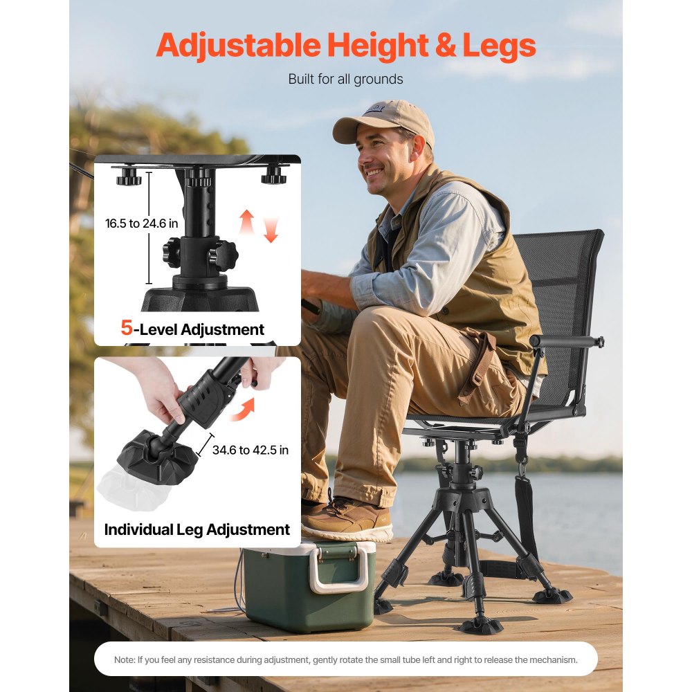 VEVOR Hunting Chair, 360° Silent Swivel, Foldable Portable Blind Chair, Heavy-Duty Steel Frame Ground Stool Seat with Armrests, Anti-Sink Feet, Height Adjustable, 158 Kg Capacity for Fishing Camping