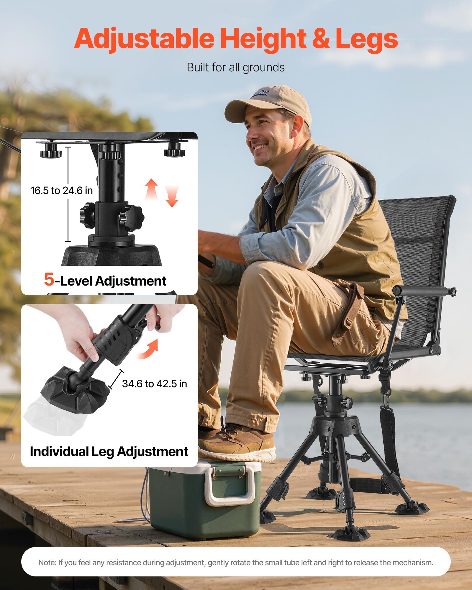 VEVOR Hunting Chair, 360° Silent Swivel, Foldable Portable Blind Chair, Heavy-Duty Steel Frame Ground Stool Seat with Armrests, Anti-Sink Feet, Height Adjustable, 158 Kg Capacity for Fishing Camping