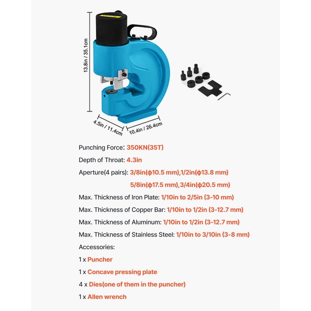 VEVOR Hydraulische Lochstanzwerkzeug 35T Hydraulic Knockout mit Metallplatten Punch Driver 4 Lochstanzwerkzeug Handpumpen-Kit 110 mm Kehle Schneideisen Hydraulische Locher Blechlocher Locheisen