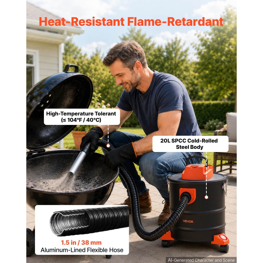 VEVOR Aschesauger 1200W Tragbarer Kaminsauger 20L Stahltank Schwarz/Orange, Staubsauger mit Blasfunktion für Kamin Pelletofen Grill & Feuerschalen, Dual-Filtersystem, mit Rollen Griff & 1,2 m Schlauch