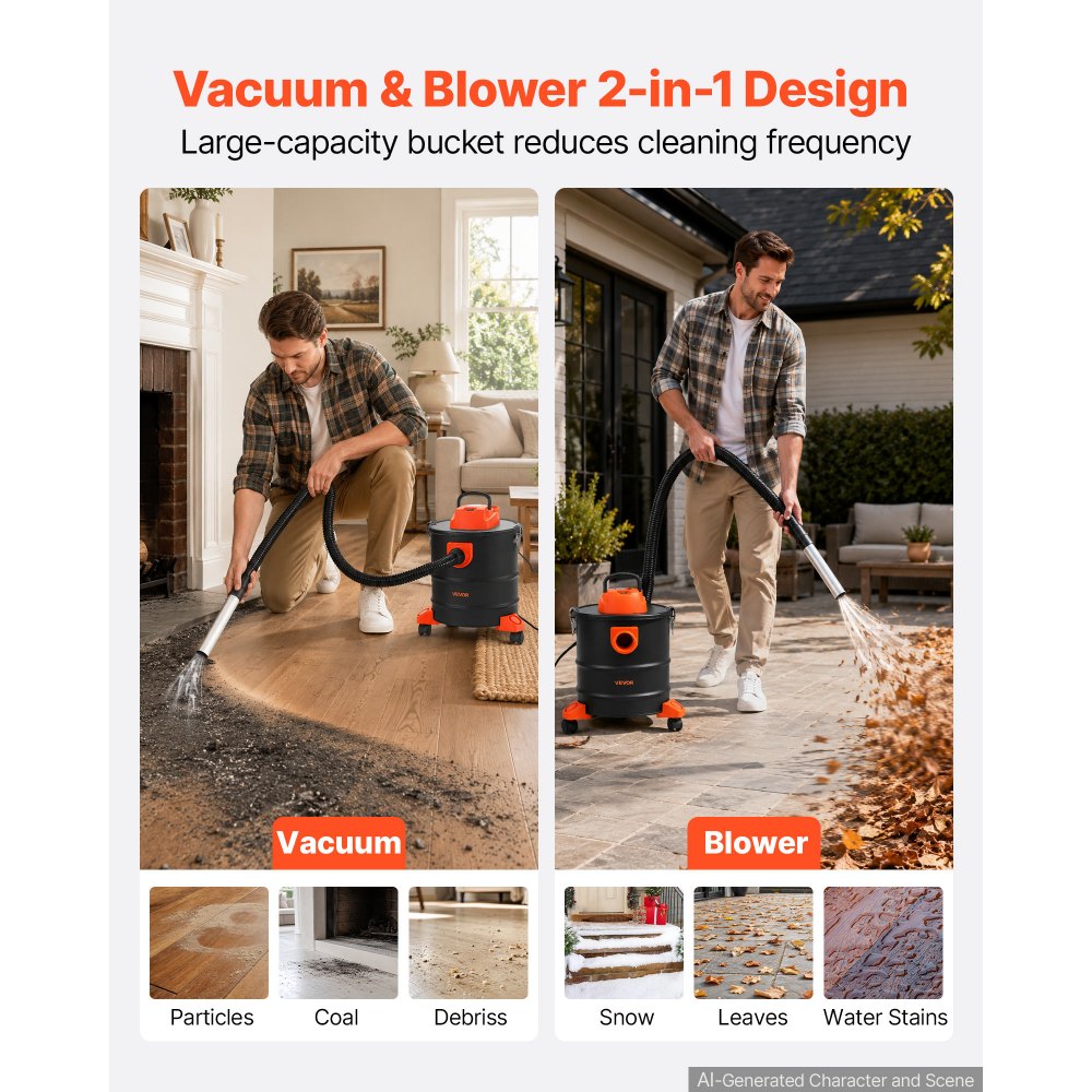 VEVOR Aschesauger 1200W Tragbarer Kaminsauger 20L Stahltank Schwarz/Orange, Staubsauger mit Blasfunktion für Kamin Pelletofen Grill & Feuerschalen, Dual-Filtersystem, mit Rollen Griff & 1,2 m Schlauch