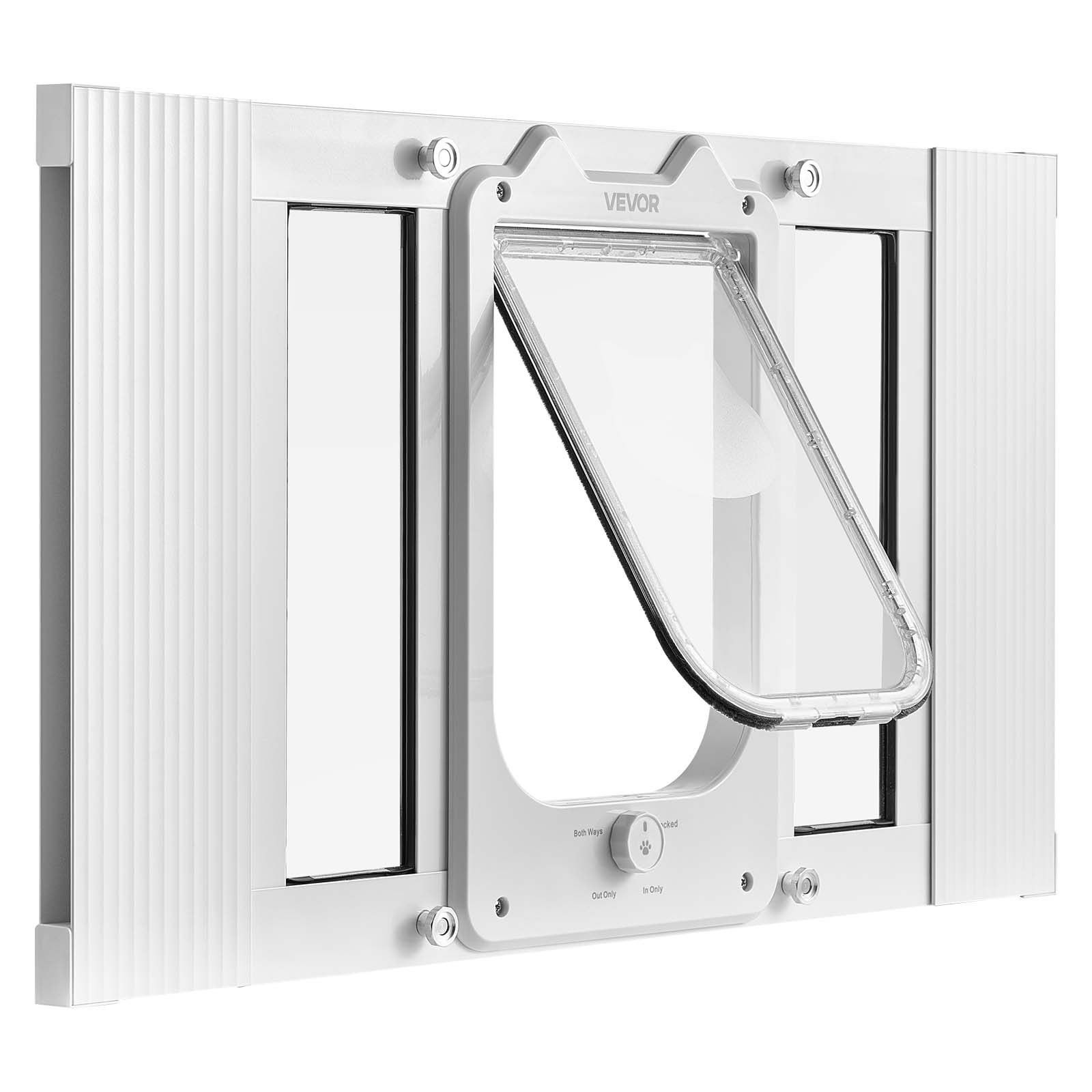 VEVOR Katzenklappe Katzentür Anpassbar an Fensterbreiten (584-711 mm), Wetterfeste Haustiertür mit 4 sicheren Verriegelungsmodi & Aluminiumrahmen & Hochtransparentem Glas & Magnetverschluss, Weiß