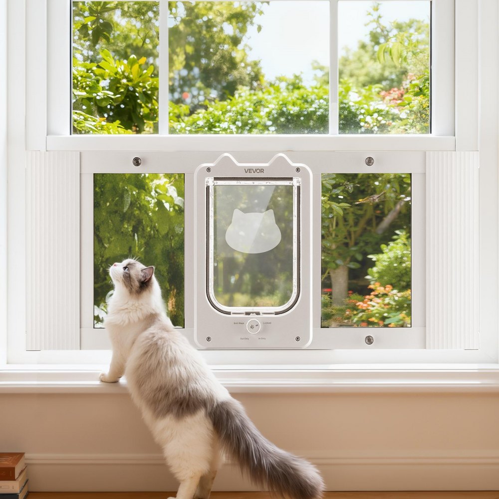 VEVOR Katzenklappe Katzentür Anpassbar an Fensterbreiten (787-914 mm), Wetterfeste Haustiertür mit 4 sicheren Verriegelungsmodi & Aluminiumrahmen & Hochtransparentem Glas & Magnetverschluss, Weiß