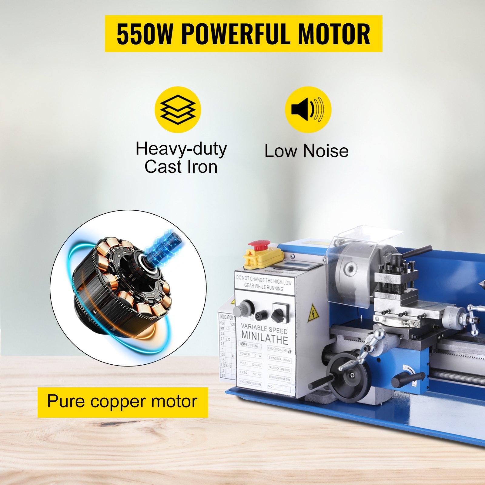 VEVOR Drechselbank 550 W, Mini-Drehmaschine CJ18A, Metalldrehmaschine 220 V,drechselbank bohrmaschine, Fräsmaschine mit 4-Backen-Futter/MT2 Reitstock, Variable Geschwindigkeiten 50 bis 2500 U/min