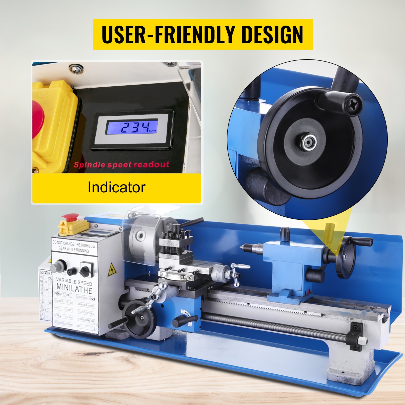 VEVOR Drechselbank 550 W, Mini-Drehmaschine CJ18A, Metalldrehmaschine 220 V,drechselbank bohrmaschine, Fräsmaschine mit 4-Backen-Futter/MT2 Reitstock, Variable Geschwindigkeiten 50 bis 2500 U/min