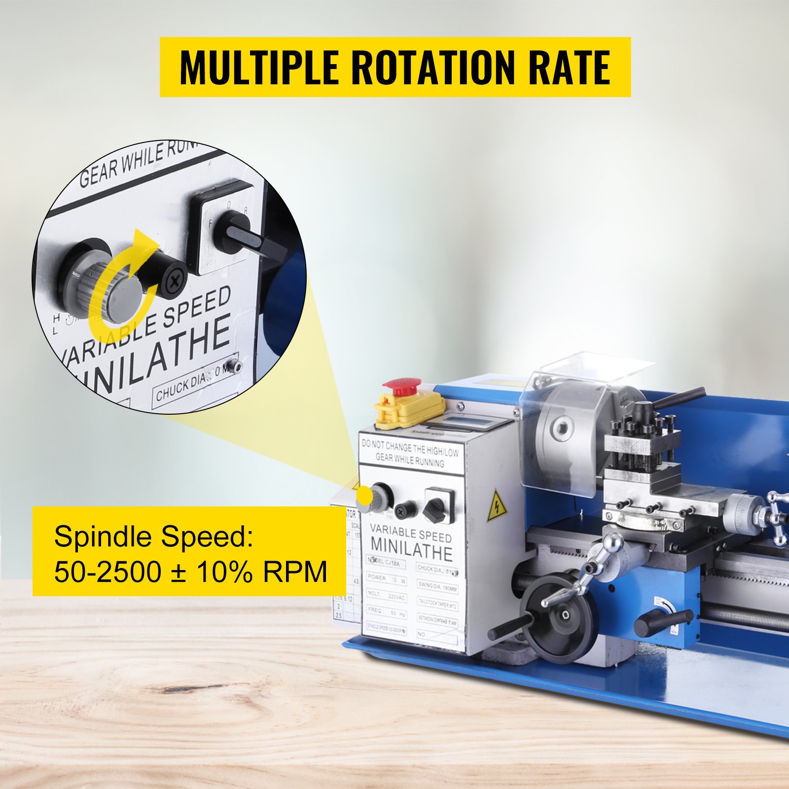 VEVOR Drechselbank 550 W, Mini-Drehmaschine CJ18A, Metalldrehmaschine 220 V,drechselbank bohrmaschine, Fräsmaschine mit 4-Backen-Futter/MT2 Reitstock, Variable Geschwindigkeiten 50 bis 2500 U/min