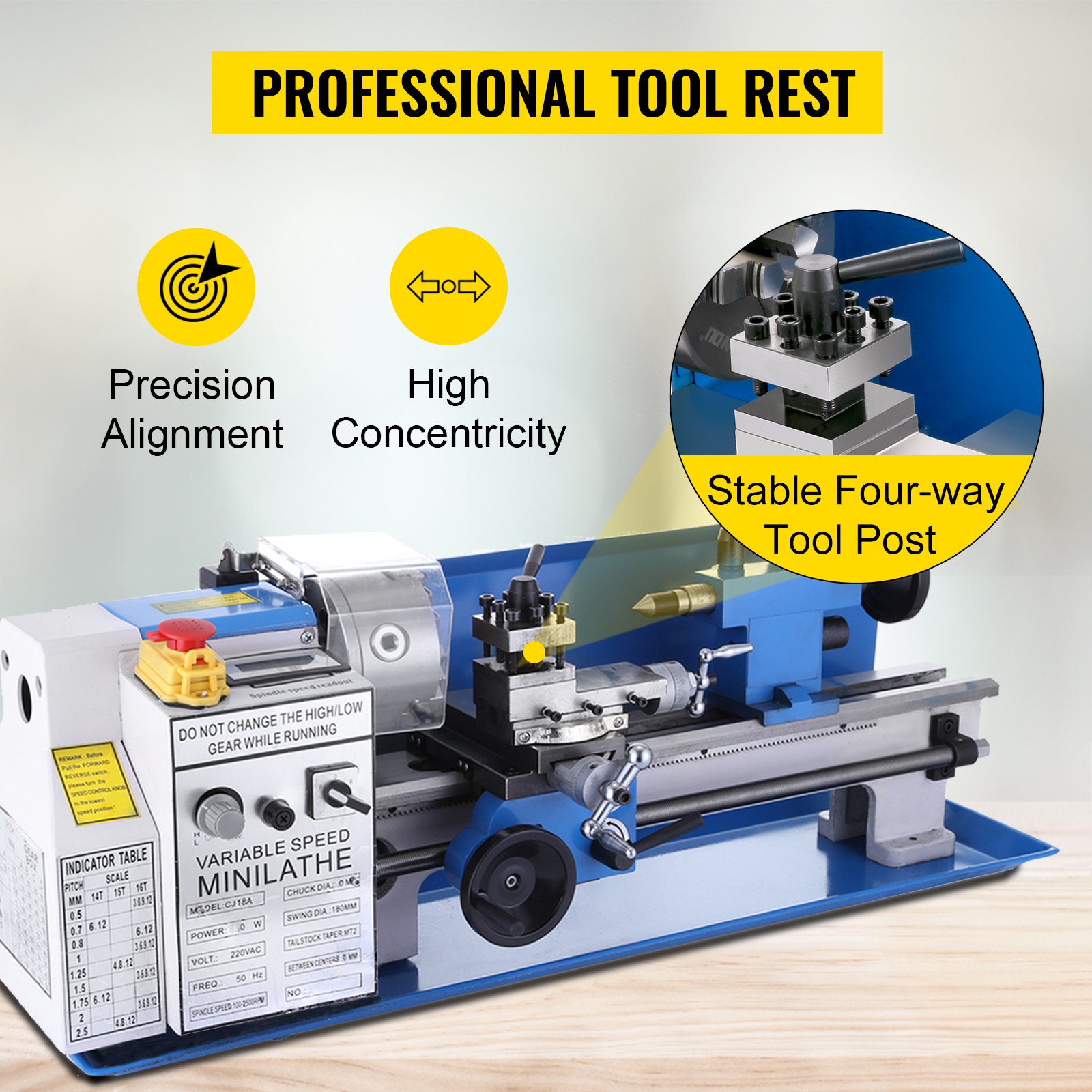VEVOR Drechselbank 550 W, Mini-Drehmaschine CJ18A, Metalldrehmaschine 220 V,drechselbank bohrmaschine, Fräsmaschine mit 4-Backen-Futter/MT2 Reitstock, Variable Geschwindigkeiten 50 bis 2500 U/min