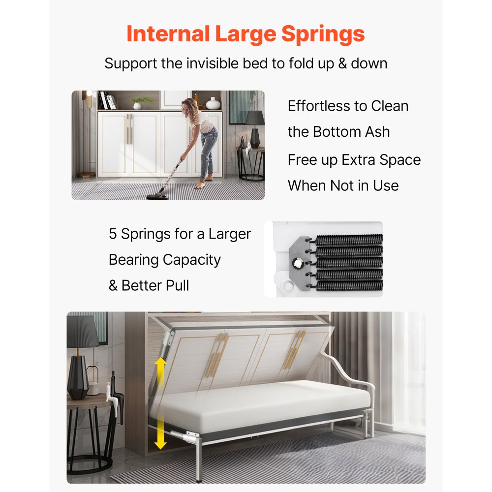 VEVOR Murphy Mount Wall Spring Mechanism, Robust Support Hardware Kit for Queen Size Beds (Horizontal), White