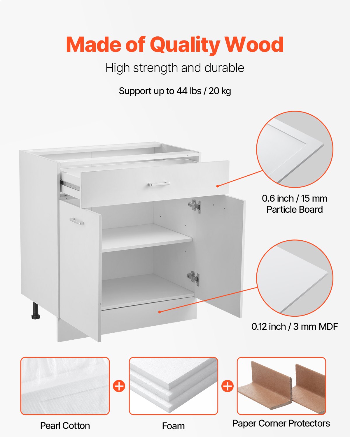 VEVOR weißer Unterschrank Küchenschrank mit Schubladen (800 x 475 x 816 mm) Schubladen-Unterschrank, Montagefertiger Schrank mit Soft-Close-Türen & verstellbarem Regal, für Haushalt Büro