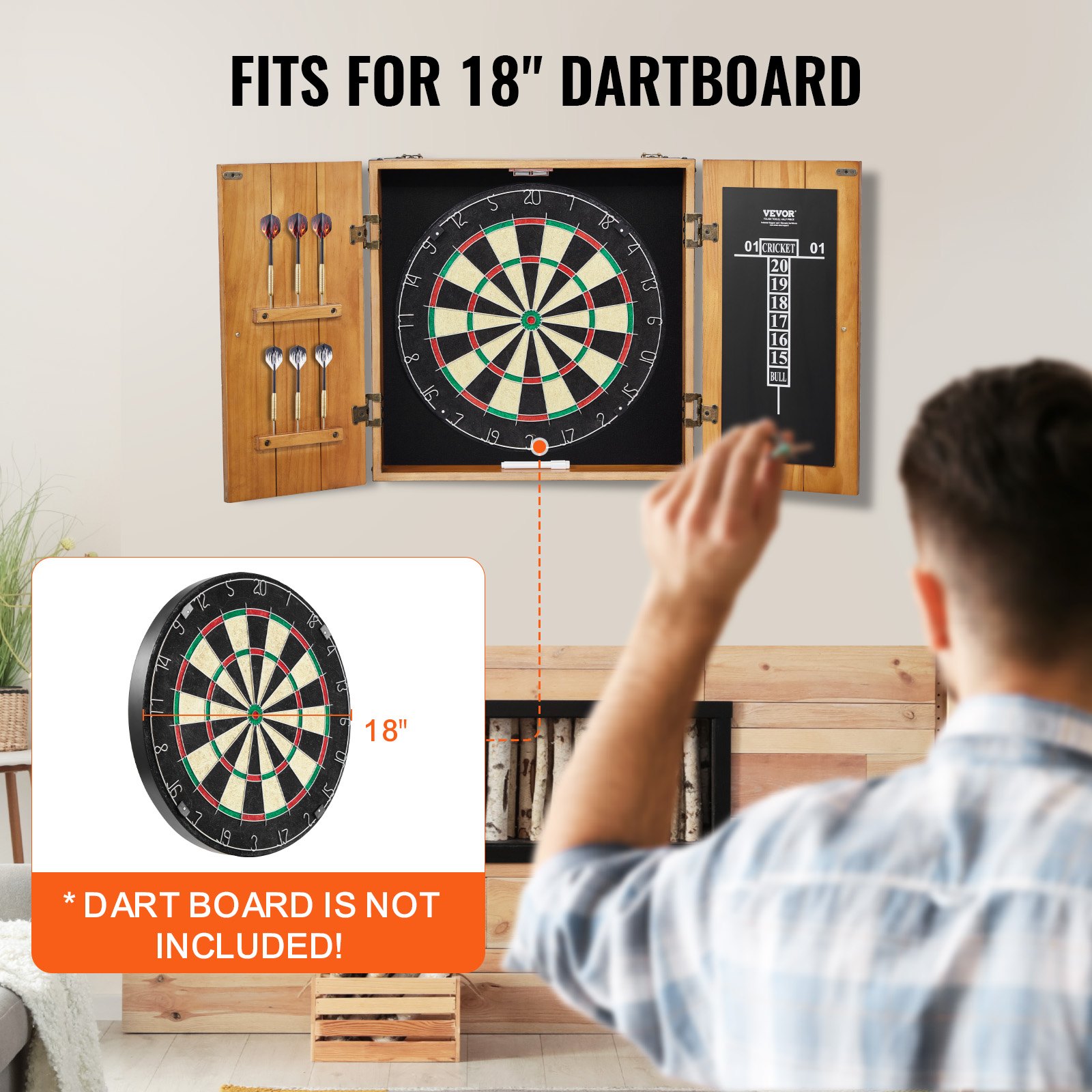 VEVOR Solid Wood Dartboard Cabinet Set, Official Size Concealable Cabinet with Cricket Accessories (Dartboard Not Included)