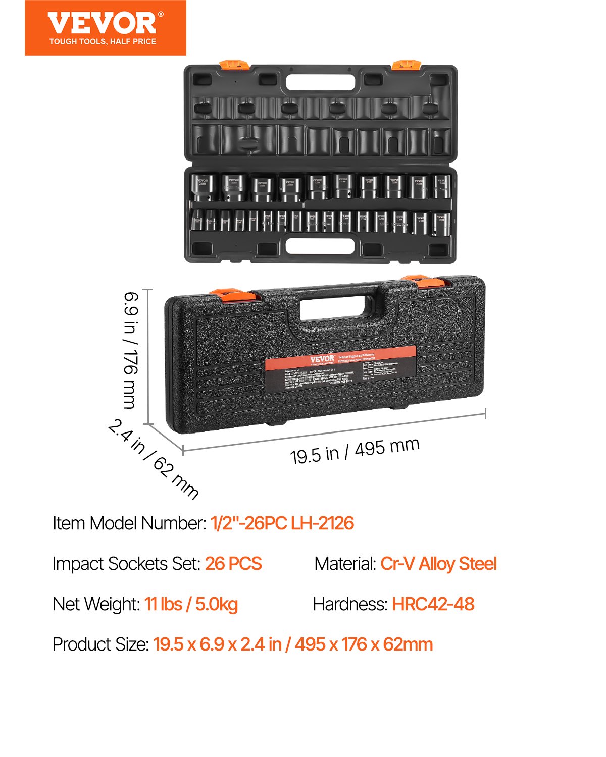 VEVOR Impact Socket Set 1/2 Inch, 26-Piece, Impact Sockets, Flat Sockets, Hex Sockets, CR-V, 1/2 Inch Drive Impact Socket Set Metric 10-36 mm