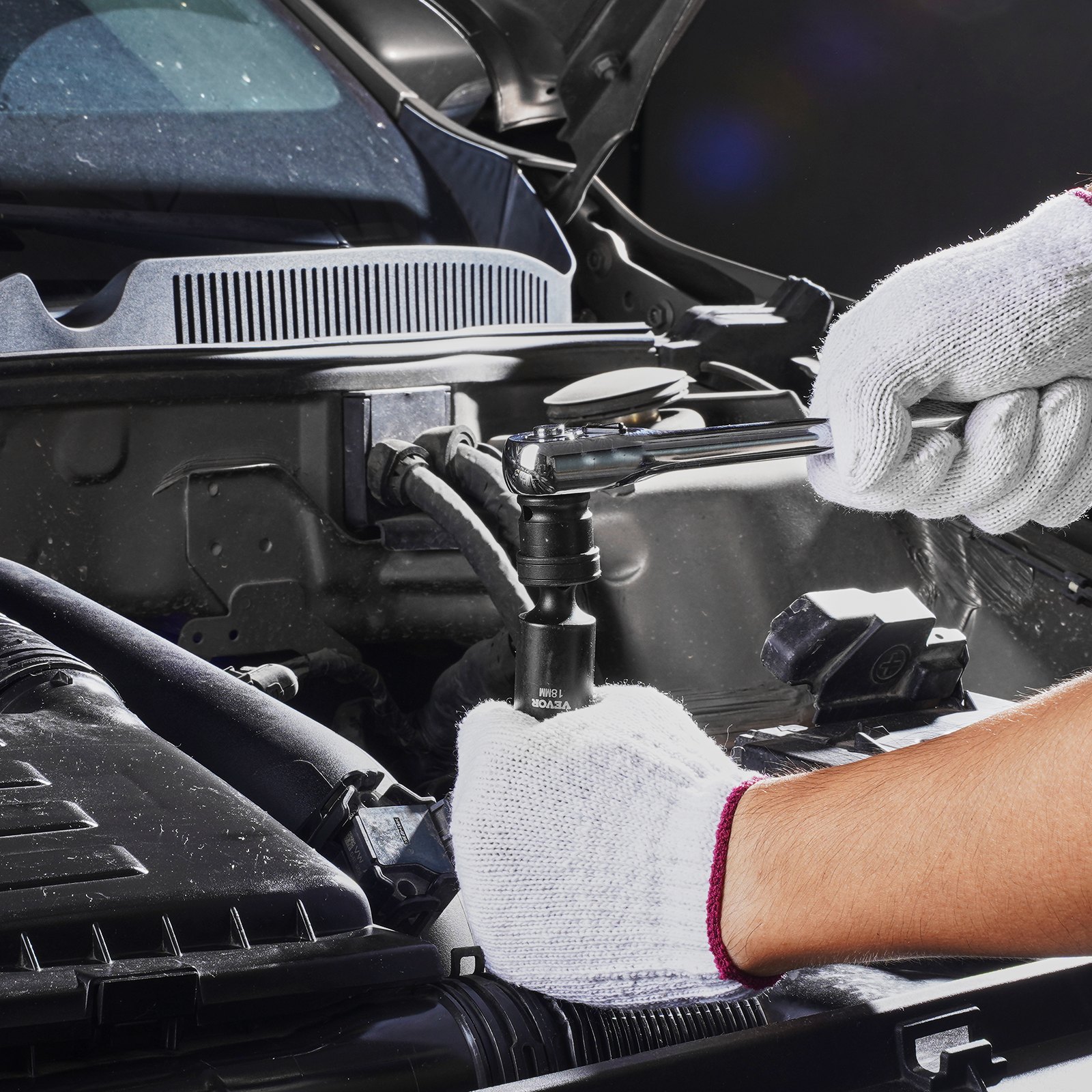 VEVOR drehbarer Schlagschrauber Steckschlüsselsatz 14-teiliger Universal-Steckschlüsselsatz, 3/8 Zoll Antrieb metrisch 10–19 mm, 6-kant Cr-Mo-Legierungsstahl Steckschlüsselsatz für Autoreparatur