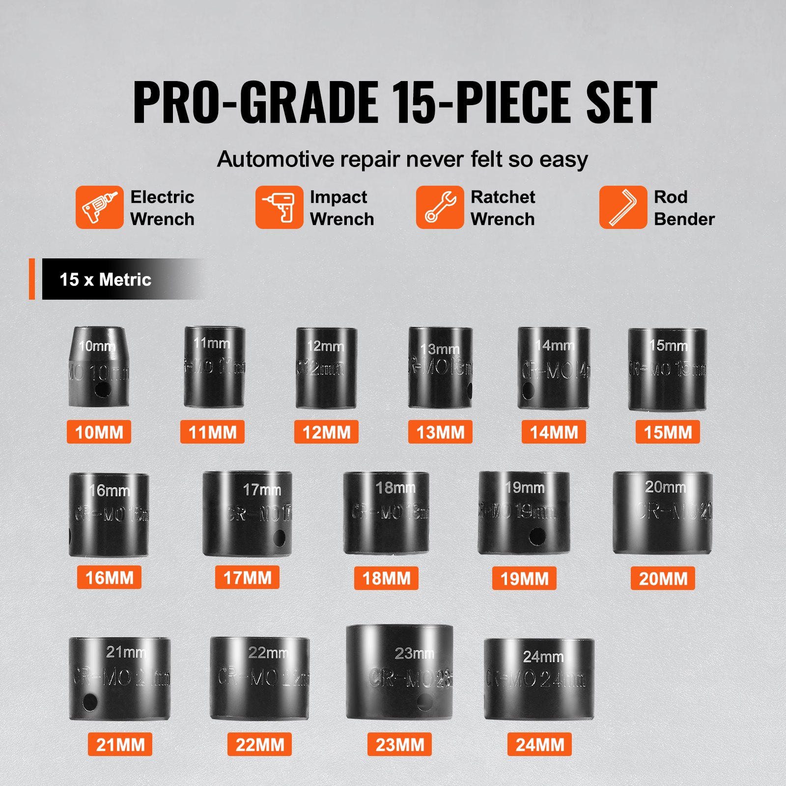 VEVOR Schlagsteckschlüsselsatz 9,5 mm Antrieb, 15-teiliger Steckschlüsselsatz metrisch 10–24 mm, Cr-Mo-Legierungsstahl für Autoreparatur, leicht lesbare Größenmarkierungen robuste Konstruktion