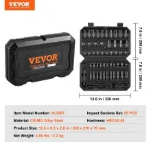 VEVOR Schlagsteckschlüsselsatz 6,35 mm, 55-teiliger tiefer und flacher Steckschlüsselsatz SAE 5/32-9/16 Zoll und metrisch 4-15 mm, für Autoreparaturen, leicht lesbare Größenmarkierungen